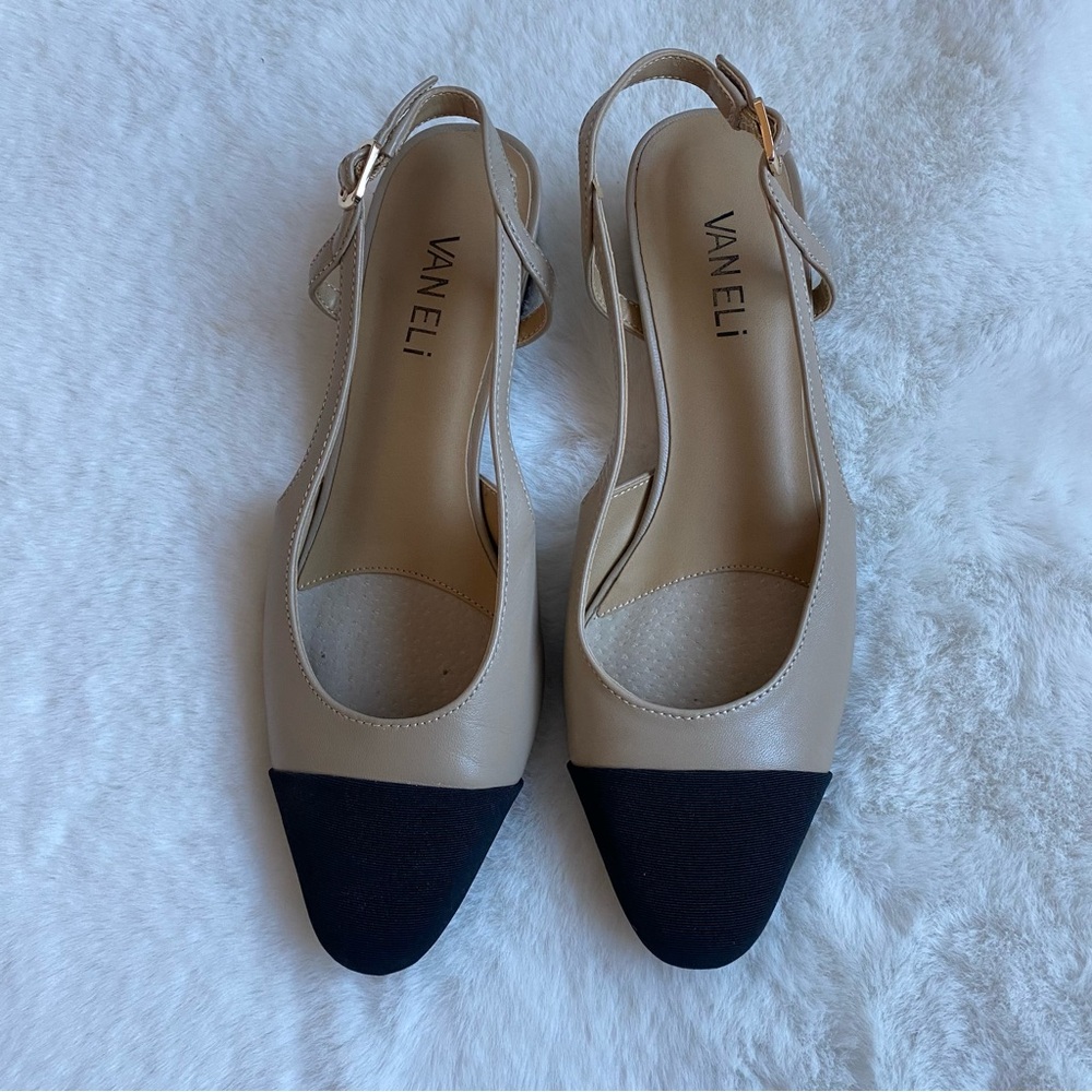Vaneli Aliz Black Cap Toe and Beige Slingback Heels | 6